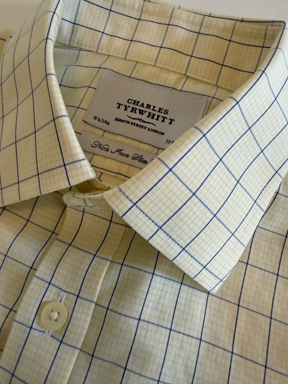 Charles Tyrwhitt Men’s Non-Iron Slim Fit Dress Shirt – 15.5/34 – Yellow & Navy